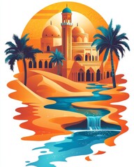 Featuring palm trees, a serene lake, and an imposing architectural structure under a warm sun, this desert scene evokes a sense of calm and beauty.