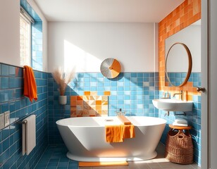 Wall Mural - mid century scandinavian interior design of modern bathroom with colorful multicolored furniture