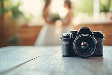 A camera in focus capturing two brides preparing for their wedding day in a beautiful venue filled with natural light wedding photography