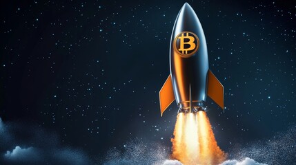 An illustration featuring a rocket and ample copy space for promoting startup business opportunities and advertising bitcoin, highlighting innovation and growth potential