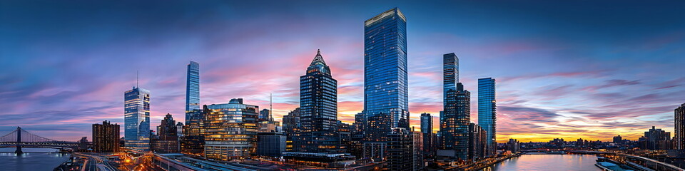 Wall Mural - A city skyline with a sunset in the background