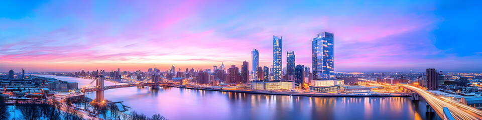 Wall Mural - A city skyline with a river in the background