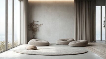 A modern relaxation room with minimalist furniture, soft textures, and a soothing color palette that fosters calmness and happiness