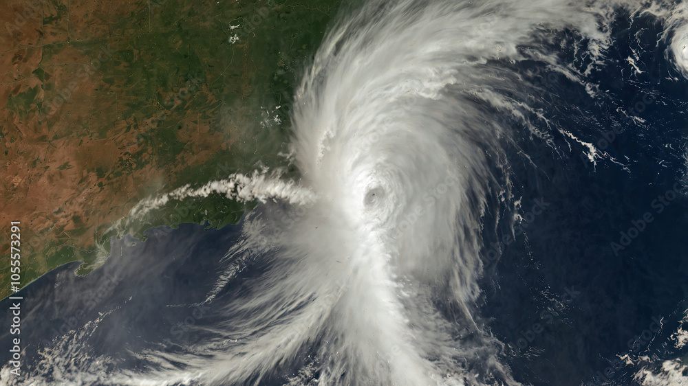 Satellite view of a hurricane swirling over the ocean, its eye clearly ...
