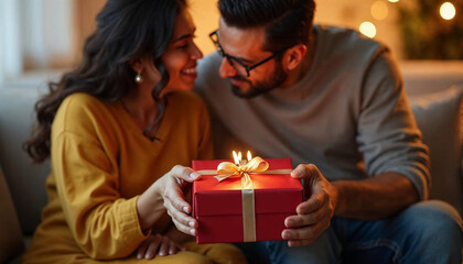 Wall Mural - Romantic gift. Loving indian man giving wrapped box to his wife, celebrating anniversary or birthday, sitting on sofa at home