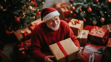 Happy senior man with gift box in holiday season.