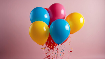 A group of three colorful balloons in blue, red, and yellow with ribbons, creating a cheerful, floating ensemble.