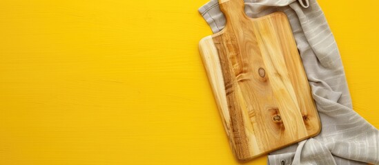 Wall Mural - Top view of a cutting board with a napkin on a colored background in an image with copy space