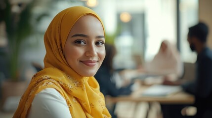 Wall Mural - Woman with Yellow Scarf Smiling