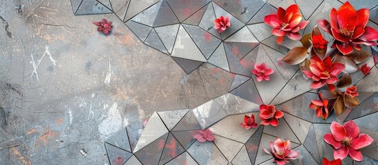 Wall Mural - An abstract geometrical design on pavement featuring red gray and pink flowers with a blank background for a copy space image