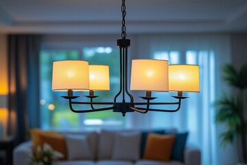 Contemporary chandelier with simple shades illuminating a cozy living room with colorful pillows