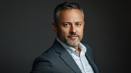 Confident businessman in his 40s poses for a studio portrait facing the camera in casual attire exhibiting a contemporary style