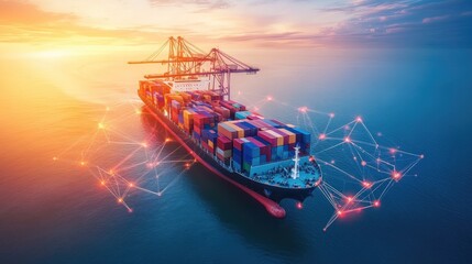 Container ship at sea with digital network links, digital trade network connection concept, global shipping industry, Beautiful Network 