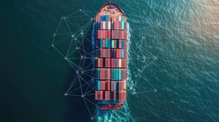 Container ship at sea with digital network links, digital trade network connection concept, global shipping industry, Beautiful Network 