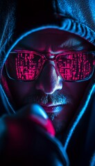 Wall Mural - cybersecurity, hacker with hoodie and glowing glasses in neon light, hacking, cybercrime concept