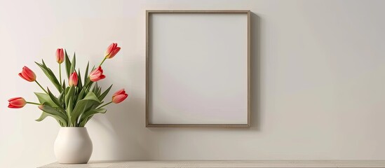 Sticker - A wall photo frame hangs beside a table adorned with a beautiful vase filled with tulips creating a charming setting with copy space image