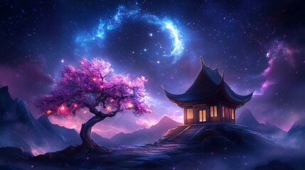 Wall Mural - serene fantasy landscape with cherry blossom and temple at night