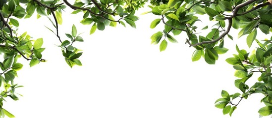 Poster - Tree branches with green leaves forming a border against a white background suitable for a copy space image