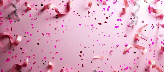 Wall Mural - Pink confetti streamers and a single silver streamer on pink backdrop like festive decorations ideal for birthdays or parties Includes copy space image