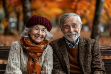 An elderly couple sits closely together on a park bench, enjoying the vibrant autumn scenery. Their joyful expressions and cozy attire reflect the warmth of their companionship amidst colorful leaves.