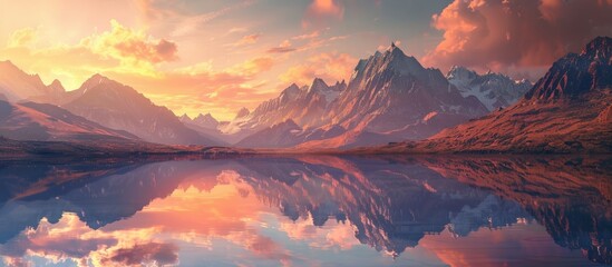 Wall Mural - Beautiful sunset in mystical mountains with reflection in water perfect as a wallpaper for an evening landscape with copy space image