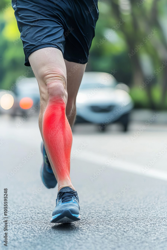 Swollen, inflamed calf muscle of marathon runner after intense training ...