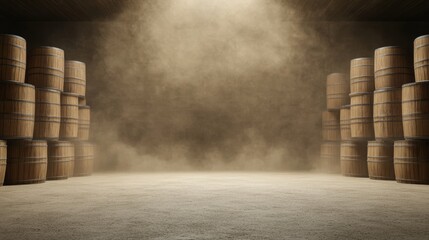 Wooden barrels stacked high in a dimly lit warehouse, with soft golden light illuminating the dust motes in the air, photorealistic