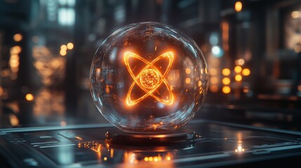 Glowing Transparent Ball with Atom Inside Representing Energy Concept