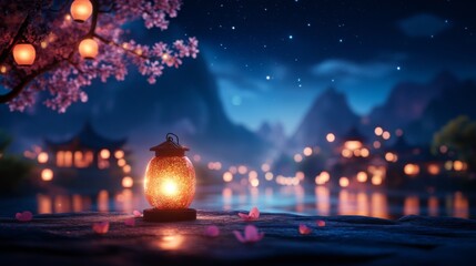 Wall Mural - Tranquil lantern by a serene riverside at night