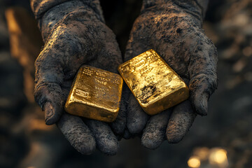 The muddy and dirty hands of a gold digger found a gold bar in a gold mine.