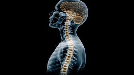 Leinwandbilder - A detailed anatomical representation showcases the human spinal column and brain, highlighting the intricate structures within the body, all set against a contrasting black background.