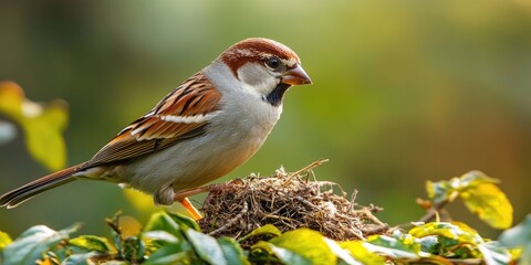 Wall Mural - Bird perched on leaf pile