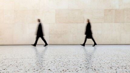 Two businesspeople are walking quickly along a modern wall in an office building