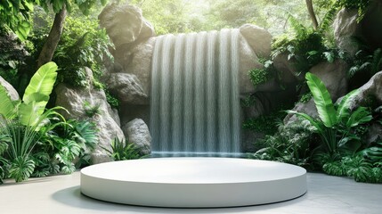 Elegant podium against waterfall backdrop, green foliage around, perfect for eco-themed presentations, natural ambiance.