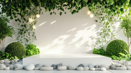 Elegant white stage with green stones and leafy backdrop, perfect for showcasing products in a natural ambiance.