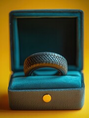 A distinctive ring shaped like a tire sits inside a luxuriously lined teal box against a cheerful yellow backdrop. This creative piece combines automotive design with elegant presentation, making it a