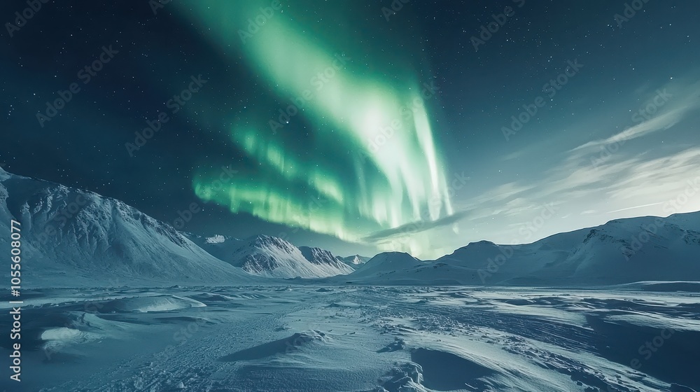Stunning aurora borealis illuminates the night sky over a snowy ...