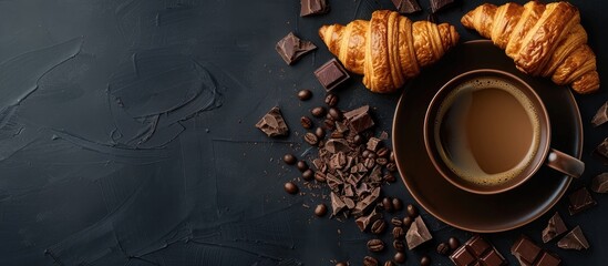 Wall Mural - Top down view of a cup of coffee chocolate bits and croissant on a dark background showcasing copy space image