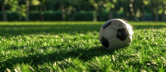 Soccer ball with copy space image on lush green grass field