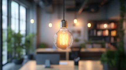 A luminous light bulb represents creativity and innovation in a contemporary workspace serving as a source of inspiration for new ideas