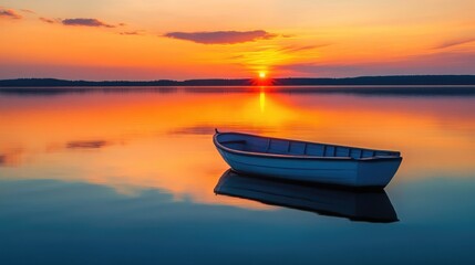 Poster - Tranquil Sunset Reflection with a Boat on the Horizon