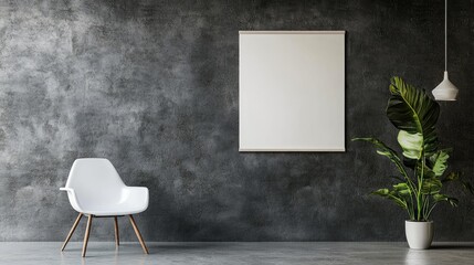 Aufkleber - A minimalist interior showcases a white chair a potted plant and a blank canvas on a textured gray wall ideal for contemporary decoration
