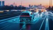 © Oulaphone - A futuristic car navigates a glowing road at sunset, showcasing advanced technology and autonomous driving capabilities.