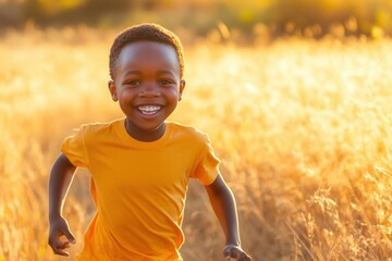 A cheerful four year old boy runs through a field of dry grass, radiating happiness. The golden sunlight enhances his carefree expression as he enjoys a warm, breezy day surrounded by nature.