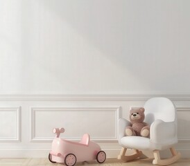 A white rocking chair with a teddy bear sitting in it. a pink toy car. and a white wall in the background