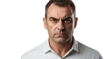 Middle-aged man with short hair and serious expression, conveying focus and determination, isolated on white