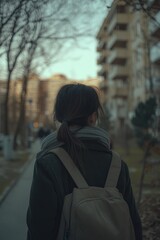 Sticker - Woman walking on city street with backpack