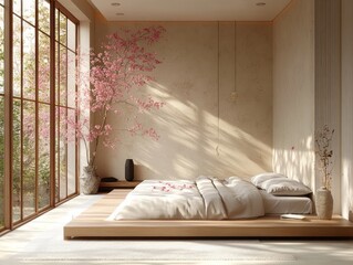 Pastel soft walls with natural wood decor and minimalist furniture for a modern, airy bedroom