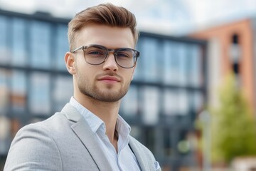 A well dressed man stands confidently in front of a contemporary business center. He wears stylish shades and a suit, exuding a professional attitude while the urban landscape enhances his modern appe