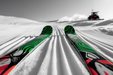 Skis and Poles Upright in Groomed Snow at a Ski Resort